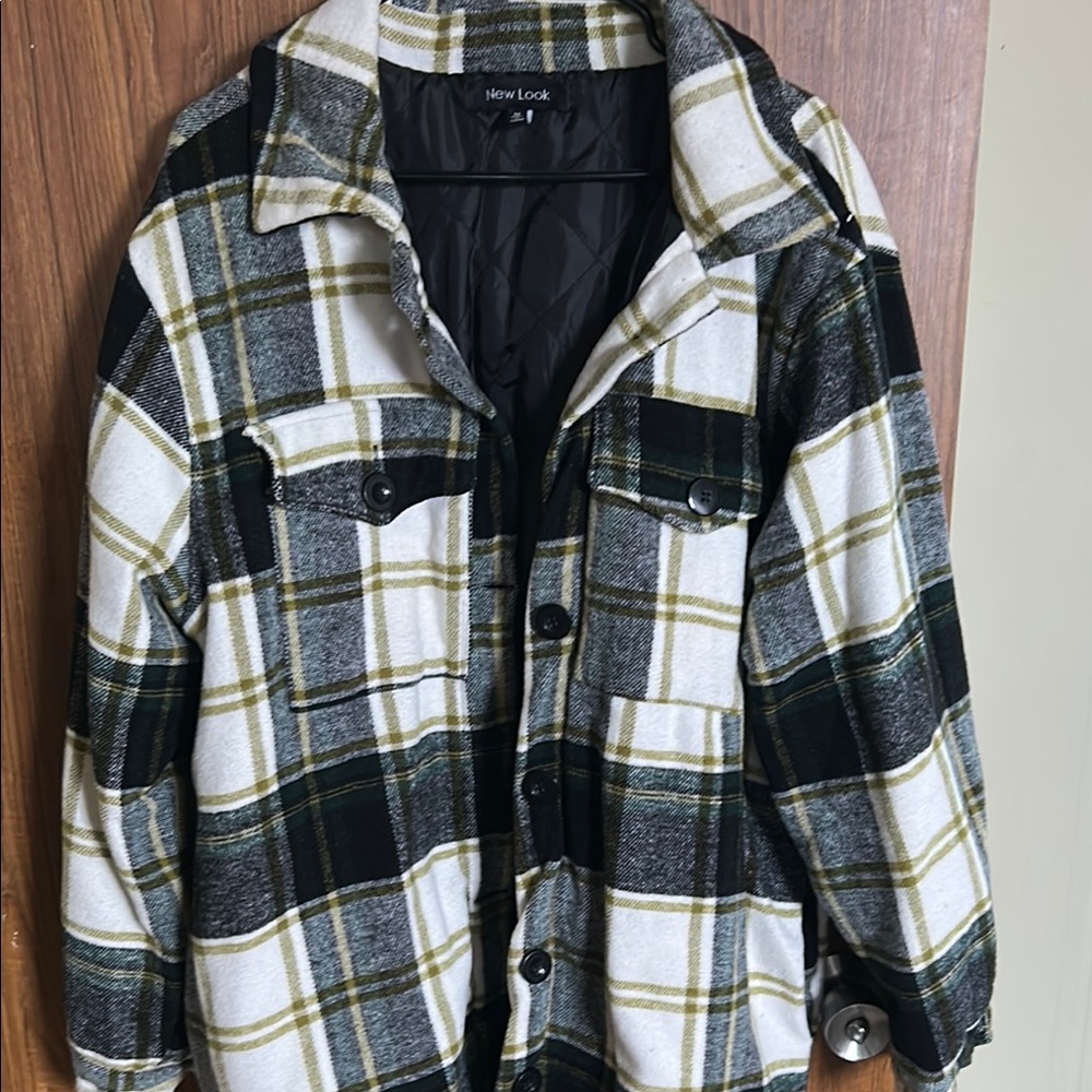 Plaid Button-Up Jacket in Black, White, and Green